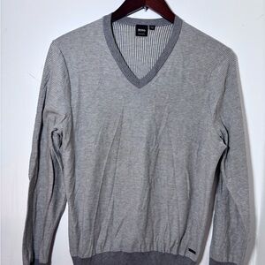 BOSS by Hugo Boss Men's Gray Striped V-Neck Sweater Size XL